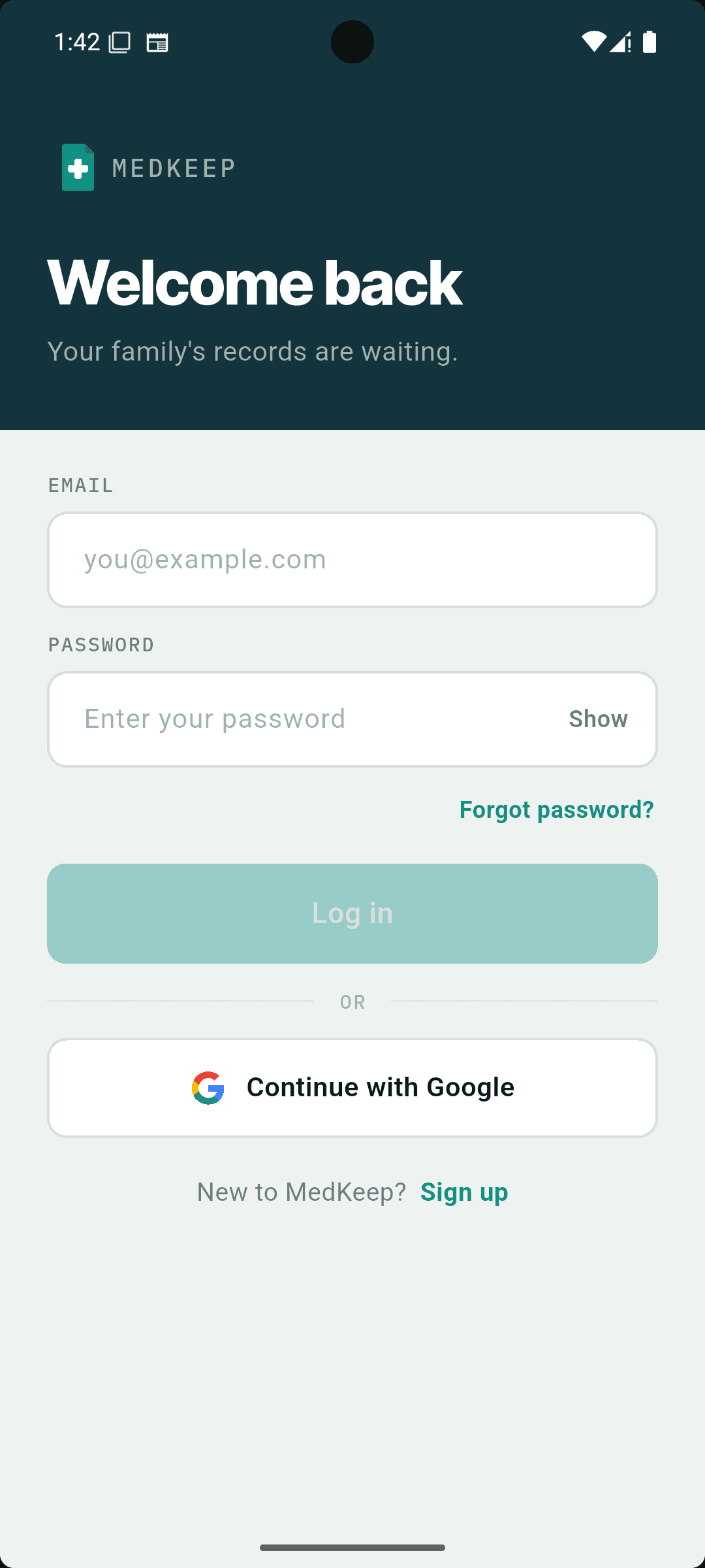 MedKeep sign in screen with email and Google login for the family health records app