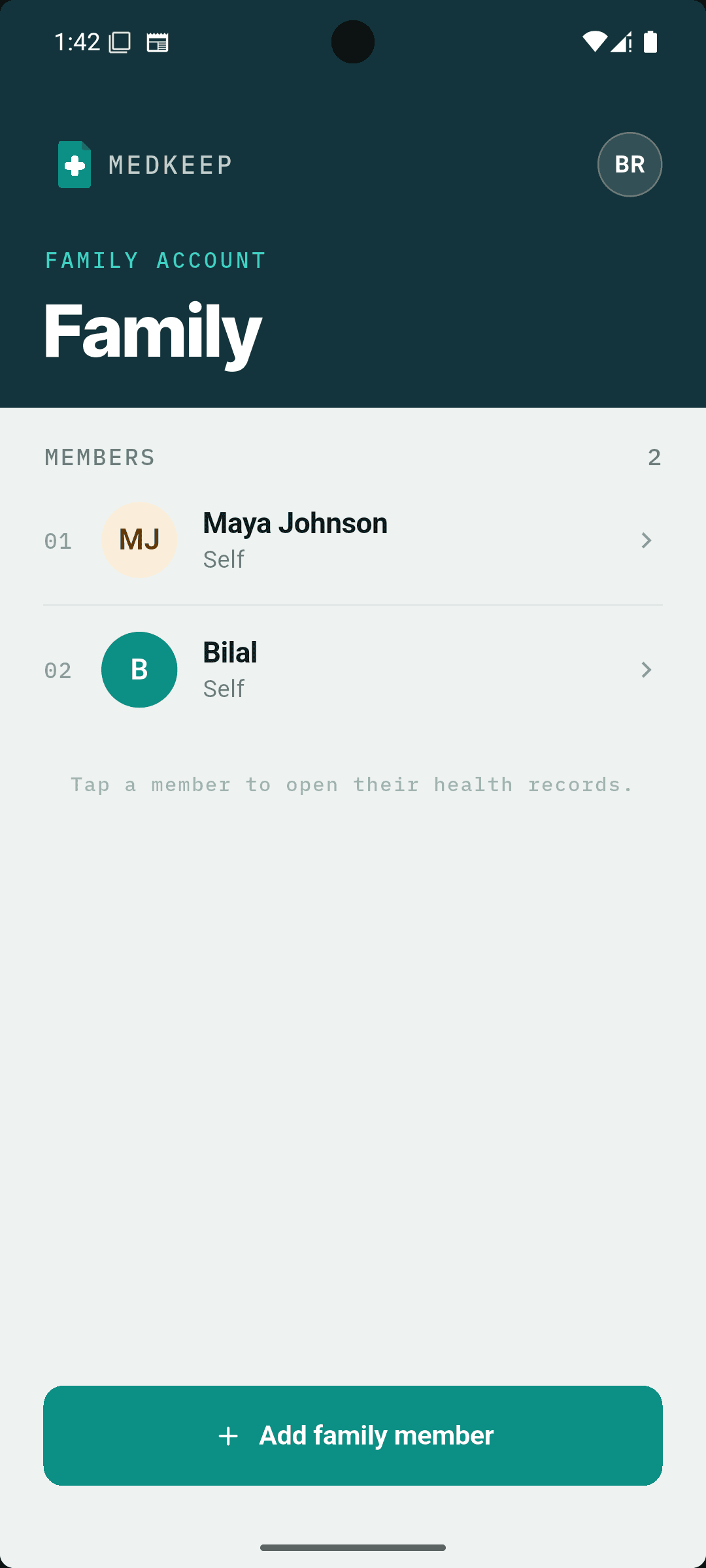 Family health records app showing color-coded profiles for every family member in MedKeep