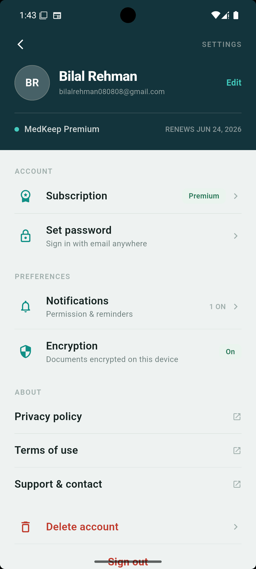 MedKeep settings with medication reminders, notifications and on-device encryption switched on